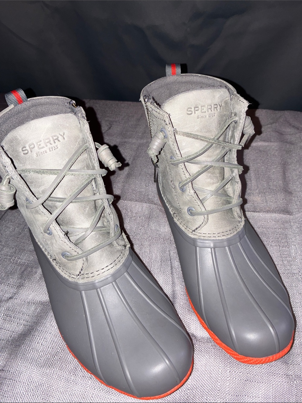 Sperry Gray Duck Boots with Orange Trim